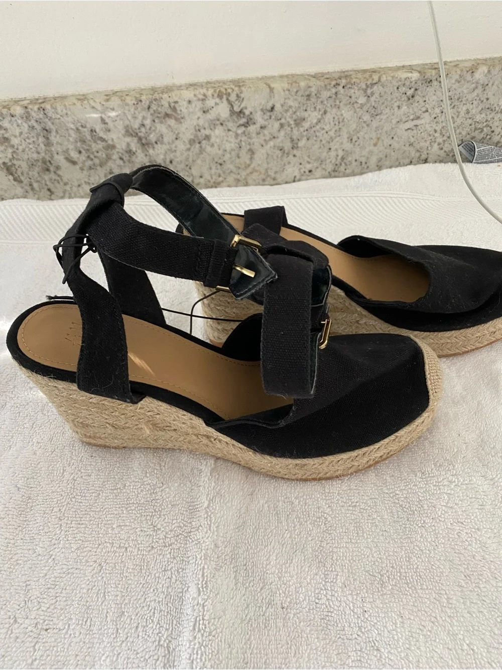NEW H&M Black Espadrille Wedge Sandals with Ankle Strap SZ 8